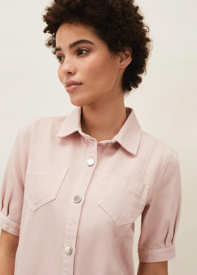 Phase Eight Kiah Puff Sleeve Denim Dress Pale Pink Women Dresses