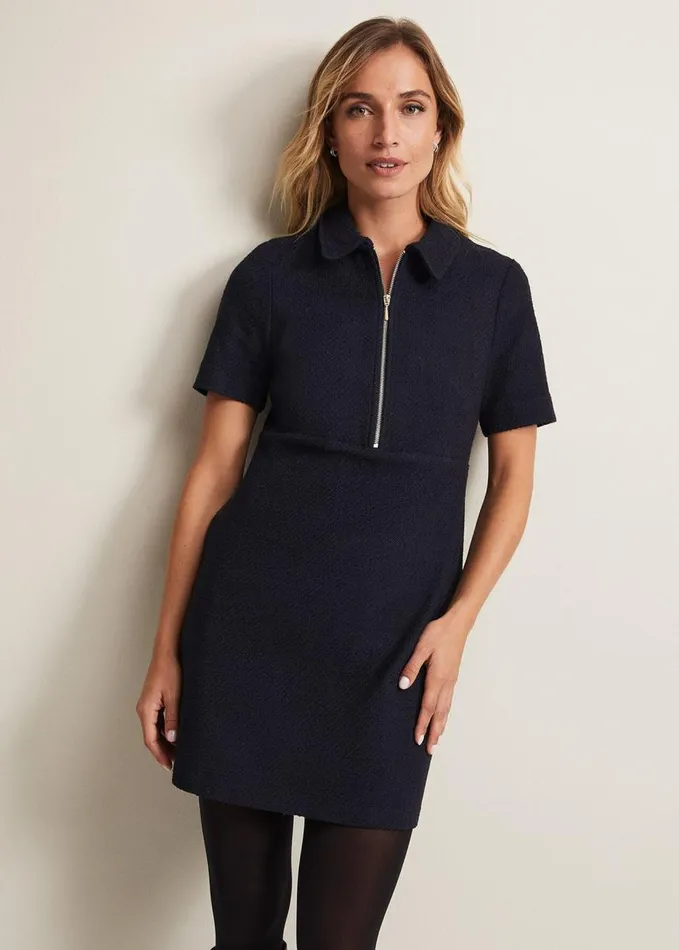 Phase Eight Lana Tweed Zip Tunic Mini Dress Navy Women Dresses