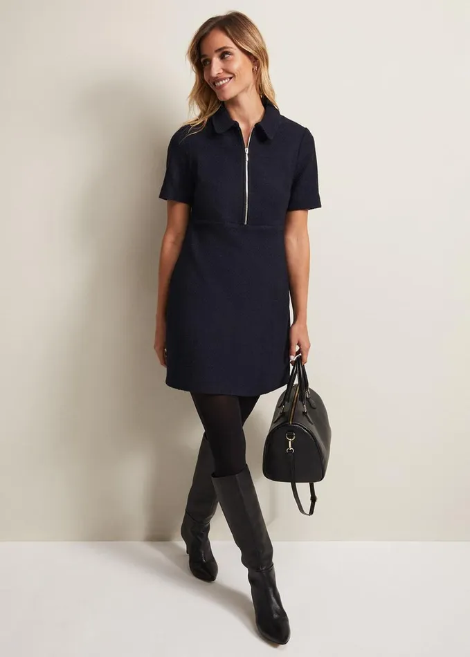 Phase Eight Lana Tweed Zip Tunic Mini Dress Navy Women Dresses