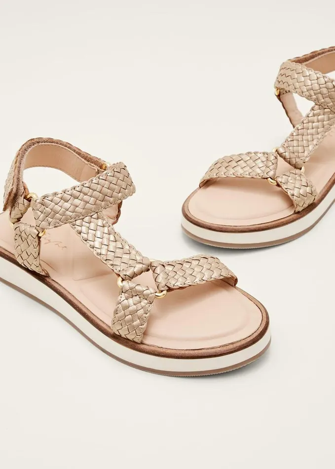Phase Eight Leather Weave Velcro Sandal Gold Women Flats
