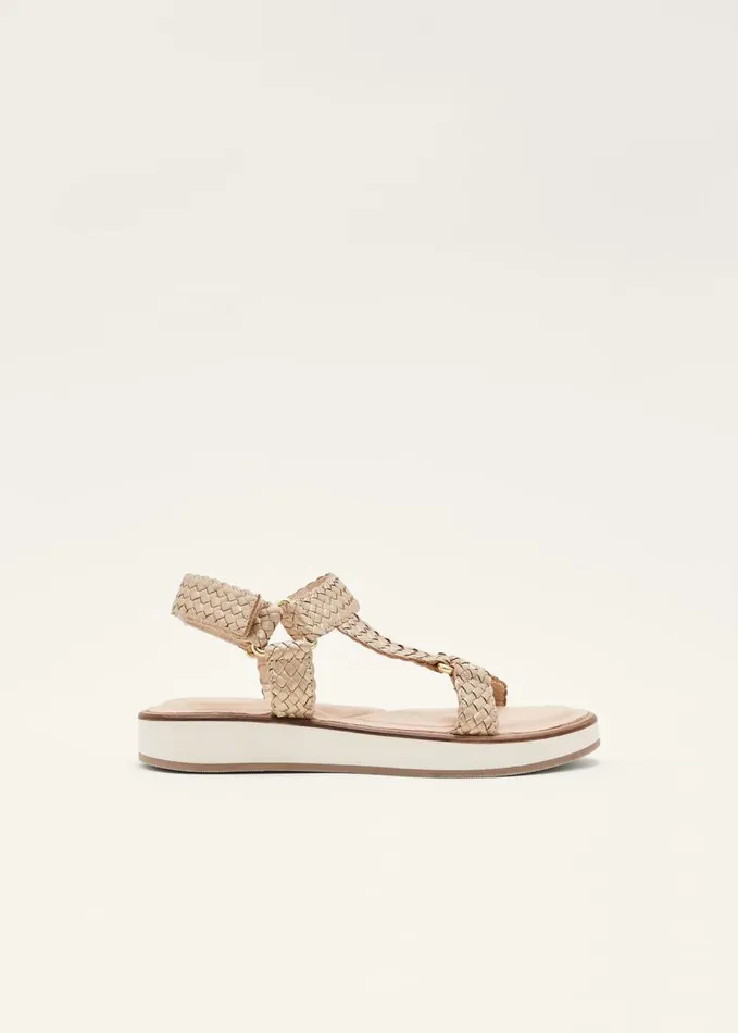 Phase Eight Leather Weave Velcro Sandal Gold Women Flats