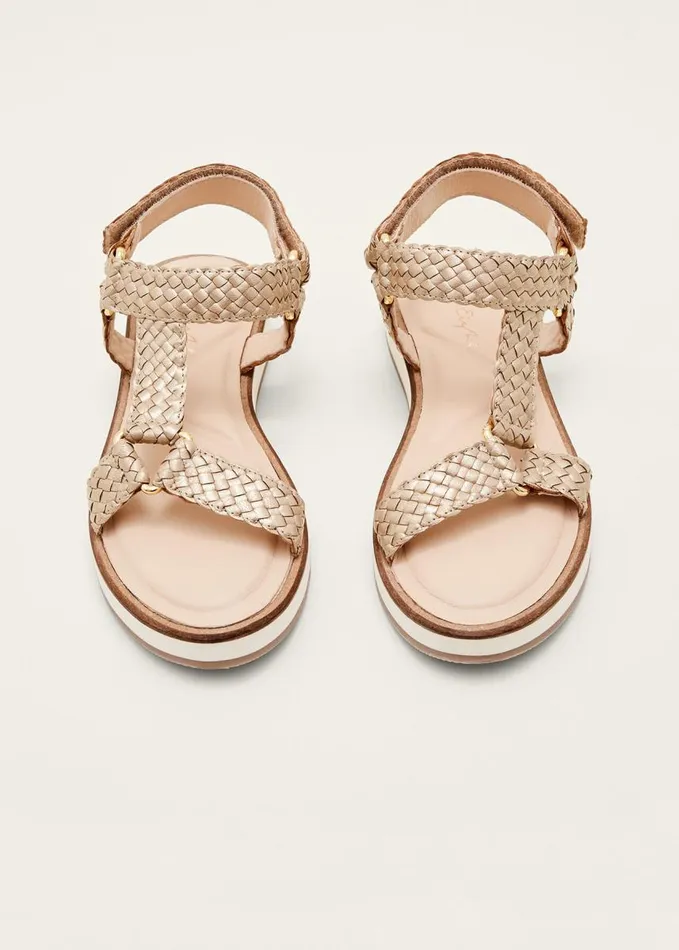 Phase Eight Leather Weave Velcro Sandal Gold Women Flats