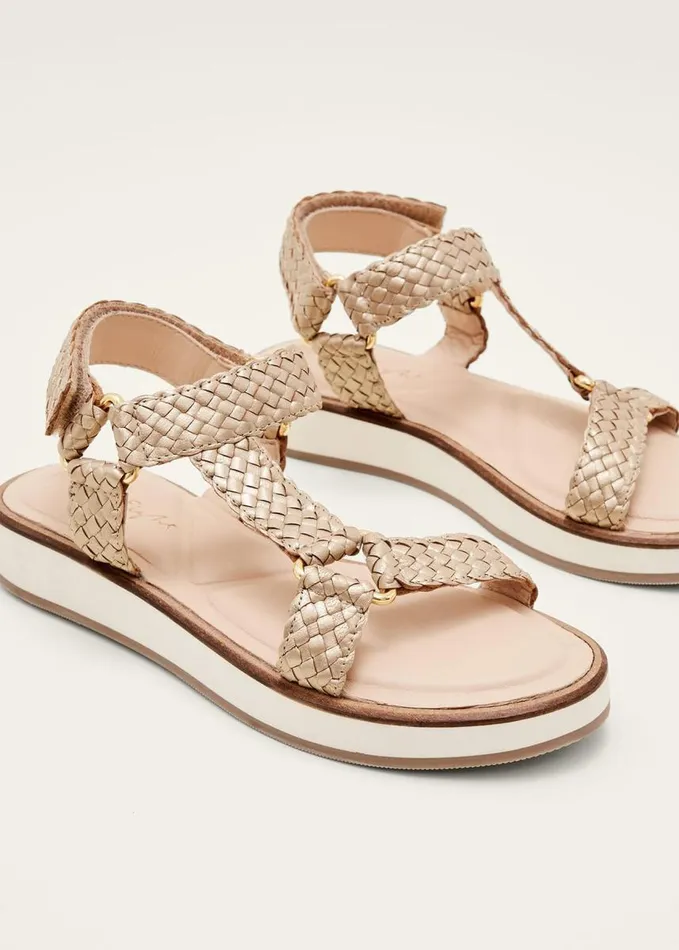 Phase Eight Leather Weave Velcro Sandal Gold Women Flats