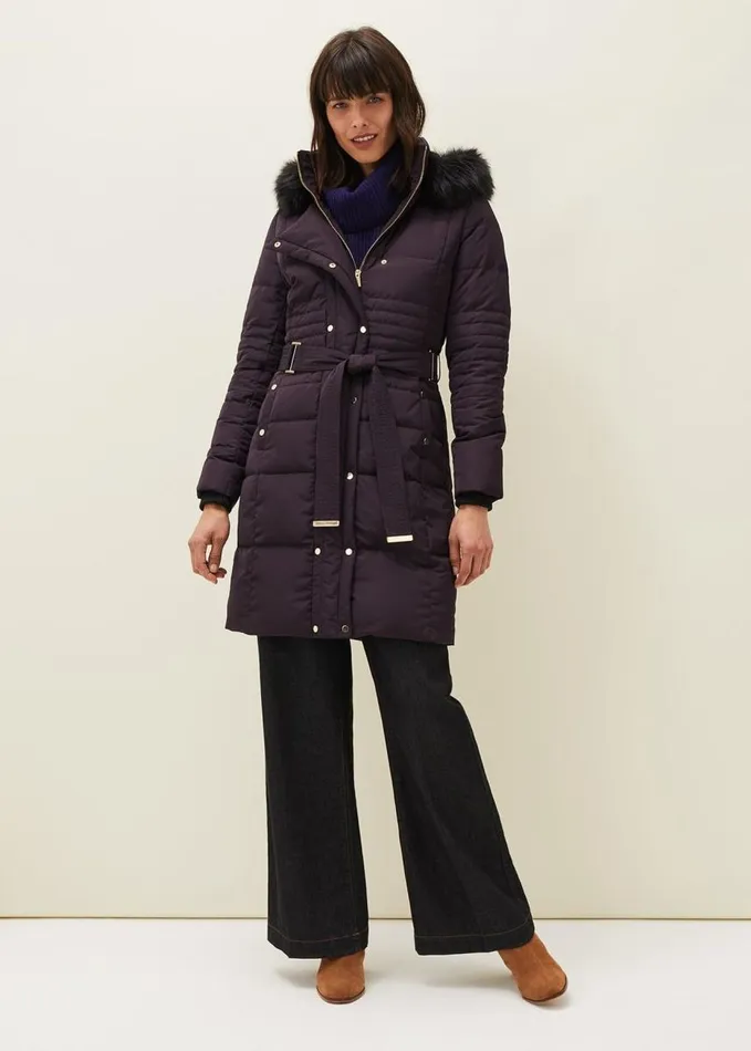 Phase Eight Leonor Tie Belt Midi Puffer Coat Plum Women Coats