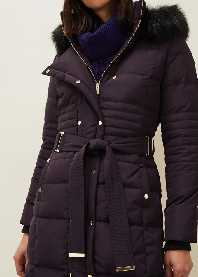 Phase Eight Leonor Tie Belt Midi Puffer Coat Plum Women Coats
