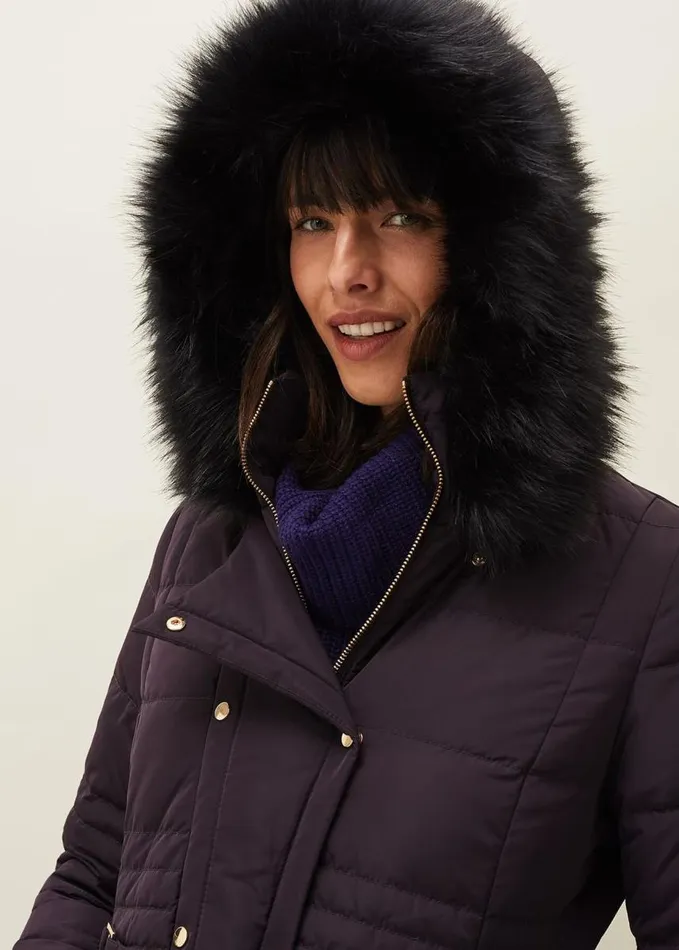 Phase Eight Leonor Tie Belt Midi Puffer Coat Plum Women Coats