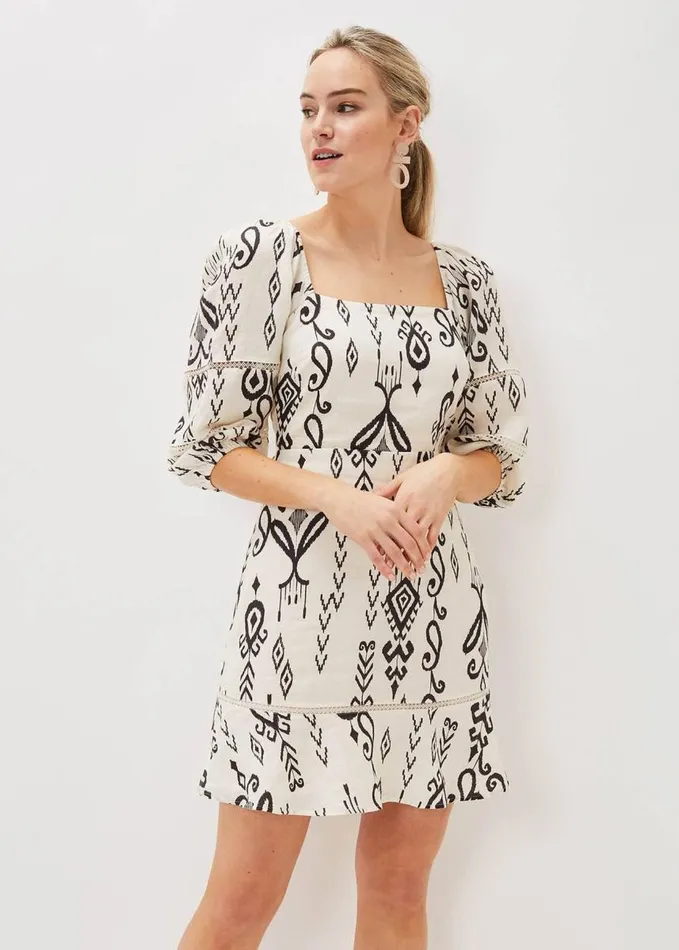 Phase Eight Linen Ikat Print ALine Dress Ivoryblack Women Dresses