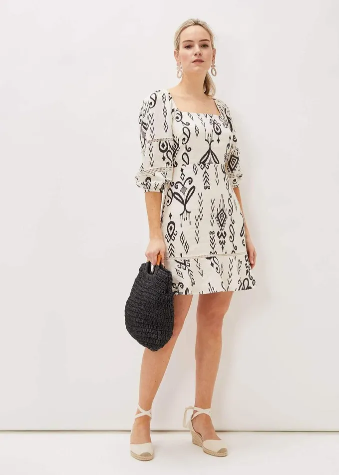 Phase Eight Linen Ikat Print ALine Dress Ivoryblack Women Dresses