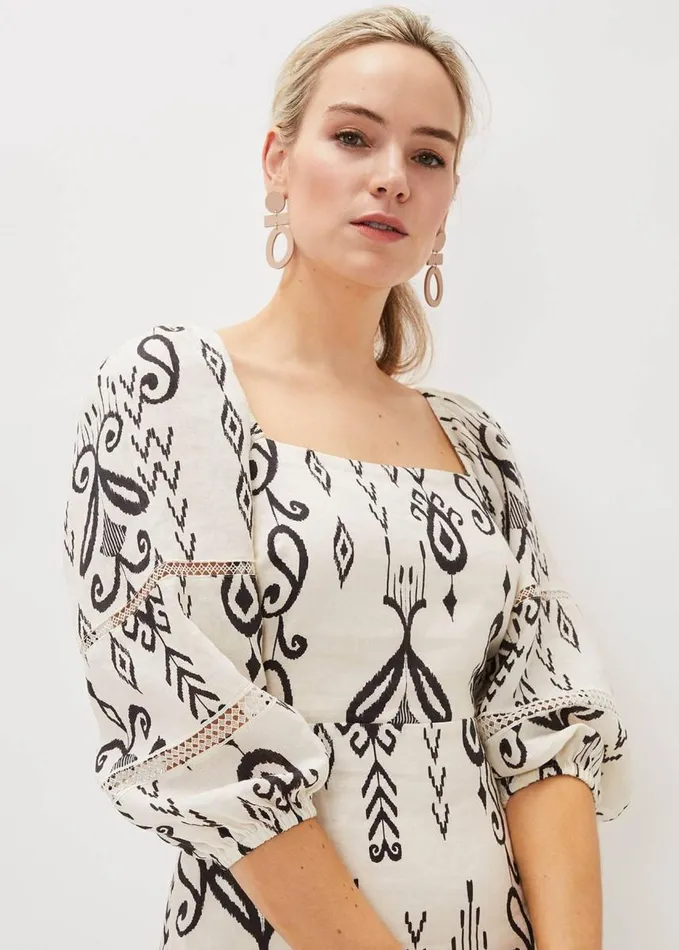 Phase Eight Linen Ikat Print ALine Dress Ivoryblack Women Dresses