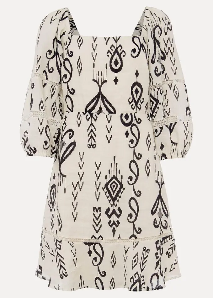 Phase Eight Linen Ikat Print ALine Dress Ivoryblack Women Dresses