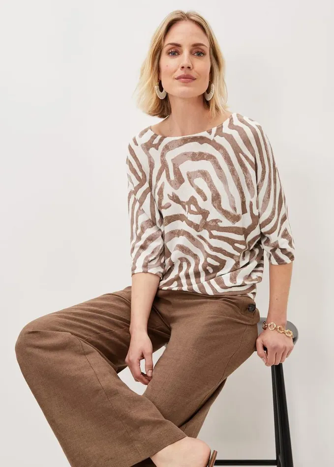 Phase Eight Lucy Linen Zebra Print Top Chocolateivory Women Knitwear