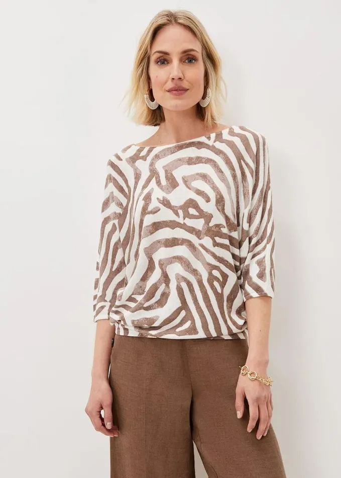 Phase Eight Lucy Linen Zebra Print Top Chocolateivory Women Knitwear