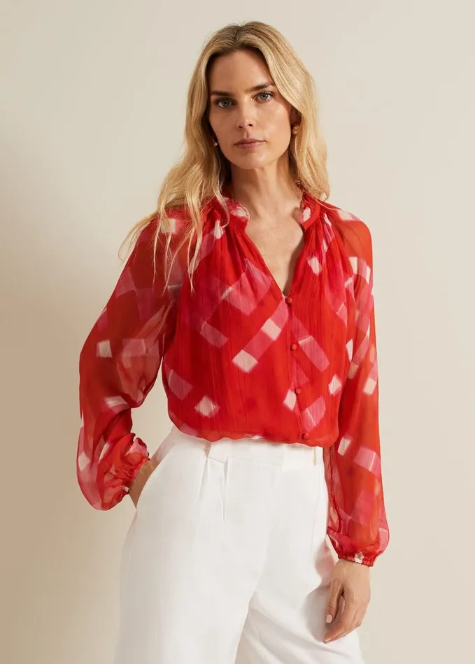 Phase Eight Megan Check Print Blouse Red Women Shirts and Blouses