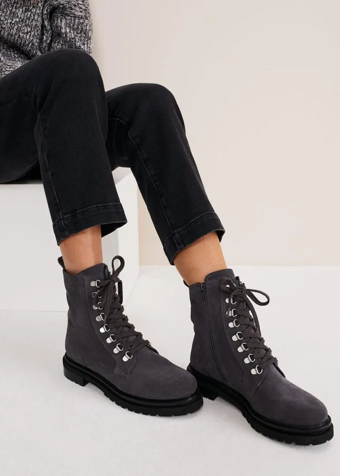 Phase Eight Meladie Suede Lace Up Hiker Boot Grey Women Boots