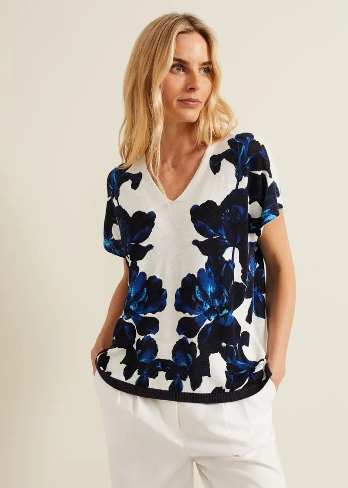 Phase Eight Mia Floral Print Linen Knit Top Navyivory Women Knitwear
