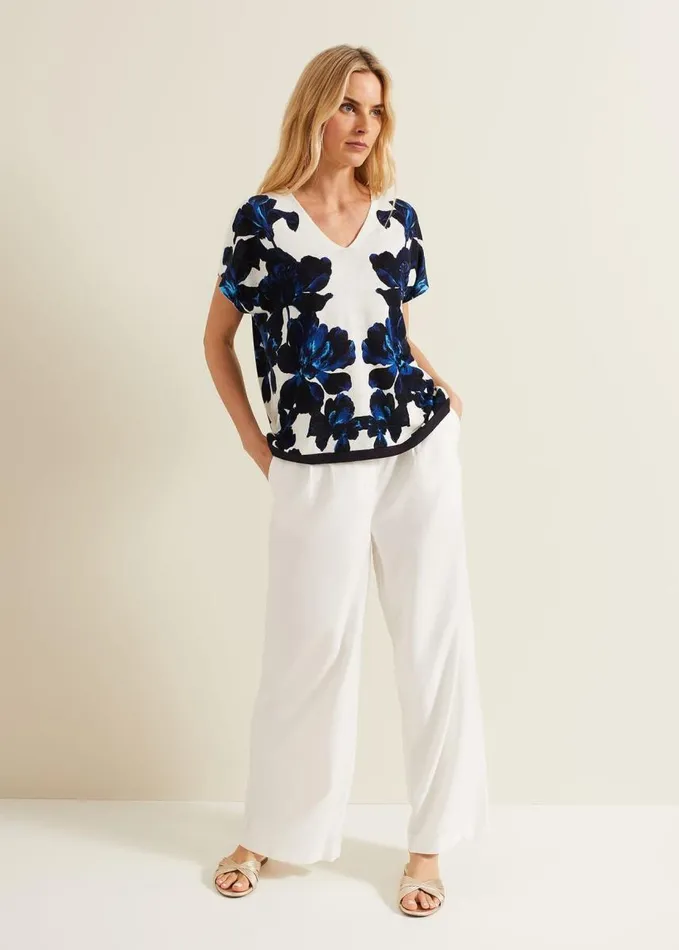 Phase Eight Mia Floral Print Linen Knit Top Navyivory Women Knitwear