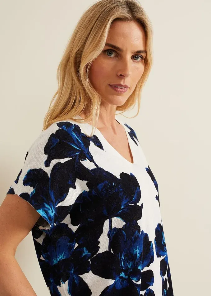 Phase Eight Mia Floral Print Linen Knit Top Navyivory Women Knitwear