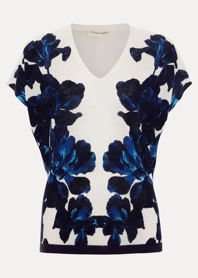 Phase Eight Mia Floral Print Linen Knit Top Navyivory Women Knitwear