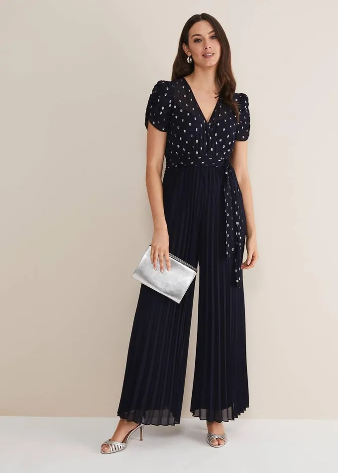 Phase Eight Molli Spot Pleated Jumpsuit Navy Women Jumpsuits