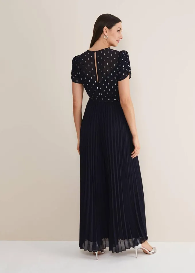 Phase Eight Molli Spot Pleated Jumpsuit Navy Women Jumpsuits