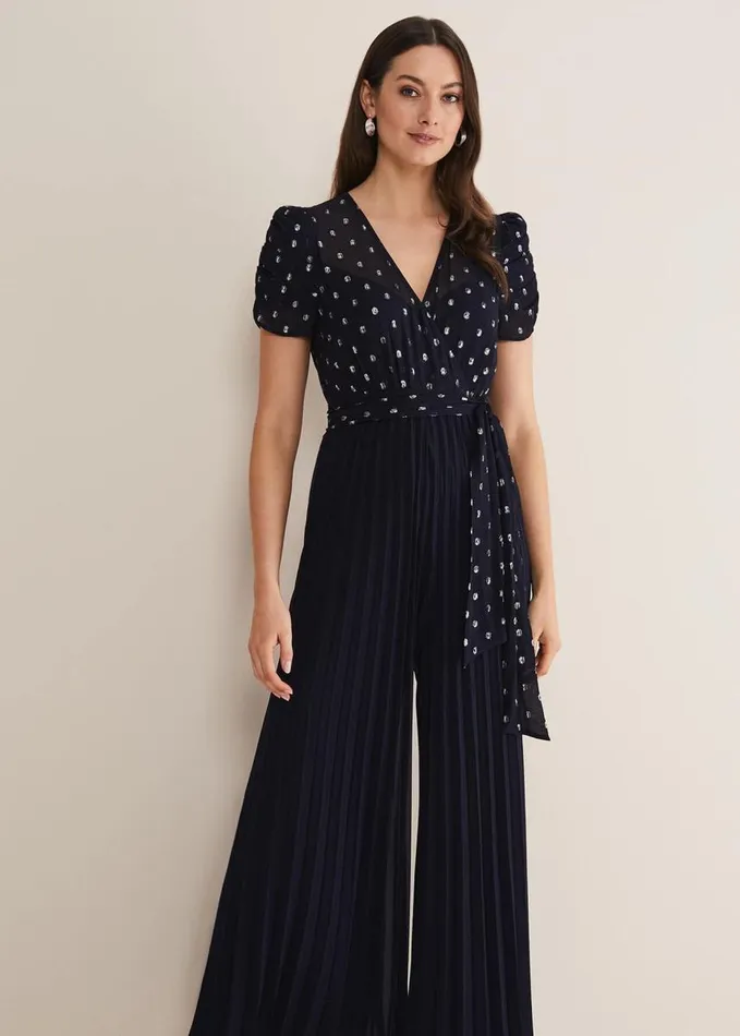 Phase Eight Molli Spot Pleated Jumpsuit Navy Women Jumpsuits