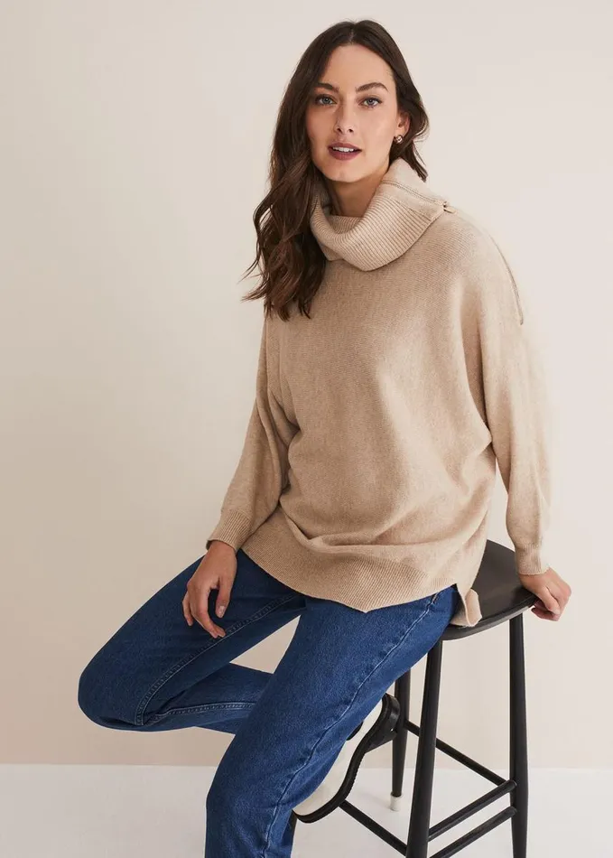 Phase Eight Nola Zip Neck Chunky Relaxed Knit Oatmeal Women Knitwear