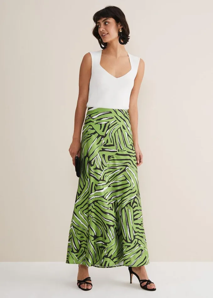 Phase Eight Norabel Zebra Print Satin Skirt Greenmulti Women Skirts
