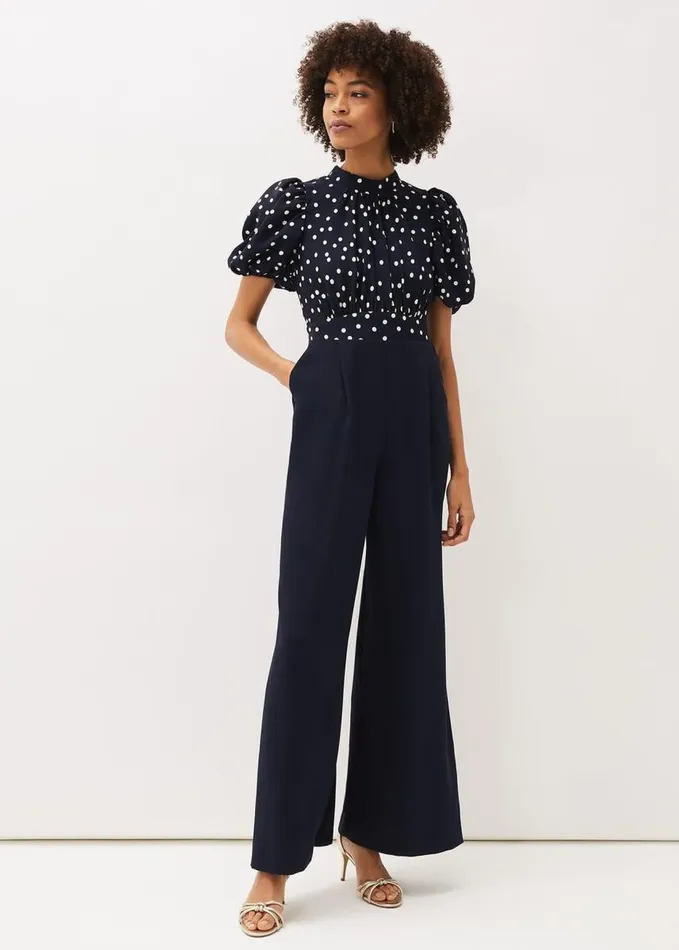 Phase Eight Paulina Puff Sleeve Spot Jumpsuit Navyivory Women Dresses
