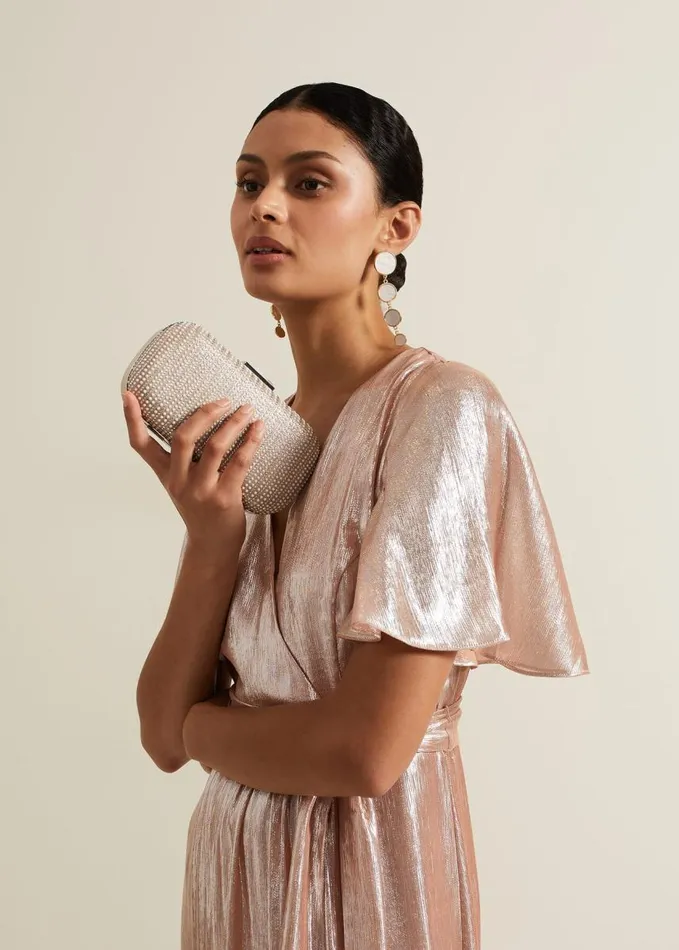 Phase Eight Pearl Embellished Box Clutch Metallic Women Bags and Clutches