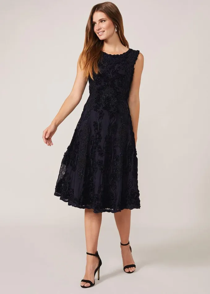 Phase Eight Penelope Tapework Lace Fit And Flare Dress Navy Women Dresses