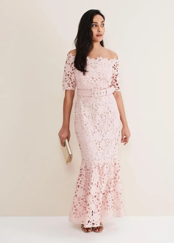 Phase Eight Petite Tallula Lace Bardot Maxi Dress Petal Pink Women Dresses