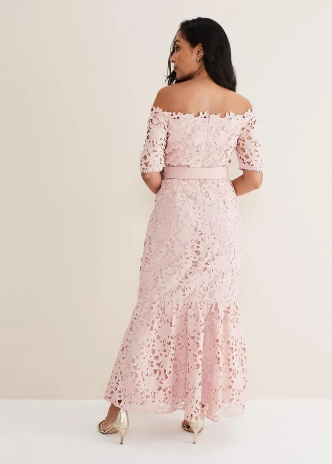 Phase Eight Petite Tallula Lace Bardot Maxi Dress Petal Pink Women Dresses