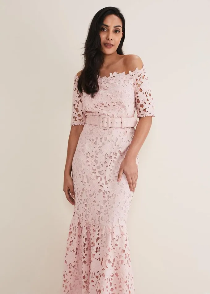 Phase Eight Petite Tallula Lace Bardot Maxi Dress Petal Pink Women Dresses
