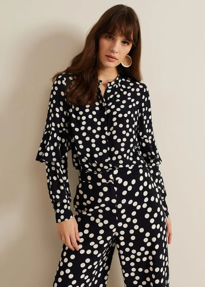 Phase Eight Peyton Polka Dot Frill Blouse Navy Women Shirts and Blouses