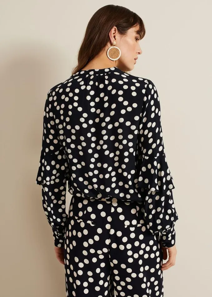 Phase Eight Peyton Polka Dot Frill Blouse Navy Women Shirts and Blouses