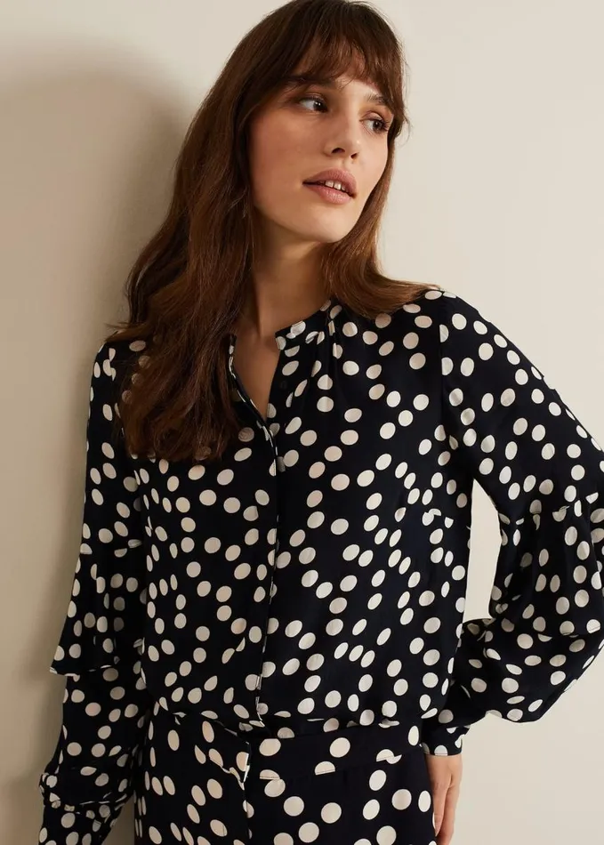 Phase Eight Peyton Polka Dot Frill Blouse Navy Women Shirts and Blouses
