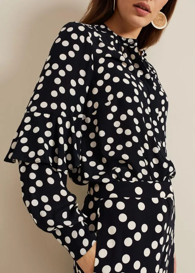 Phase Eight Peyton Polka Dot Frill Blouse Navy Women Shirts and Blouses
