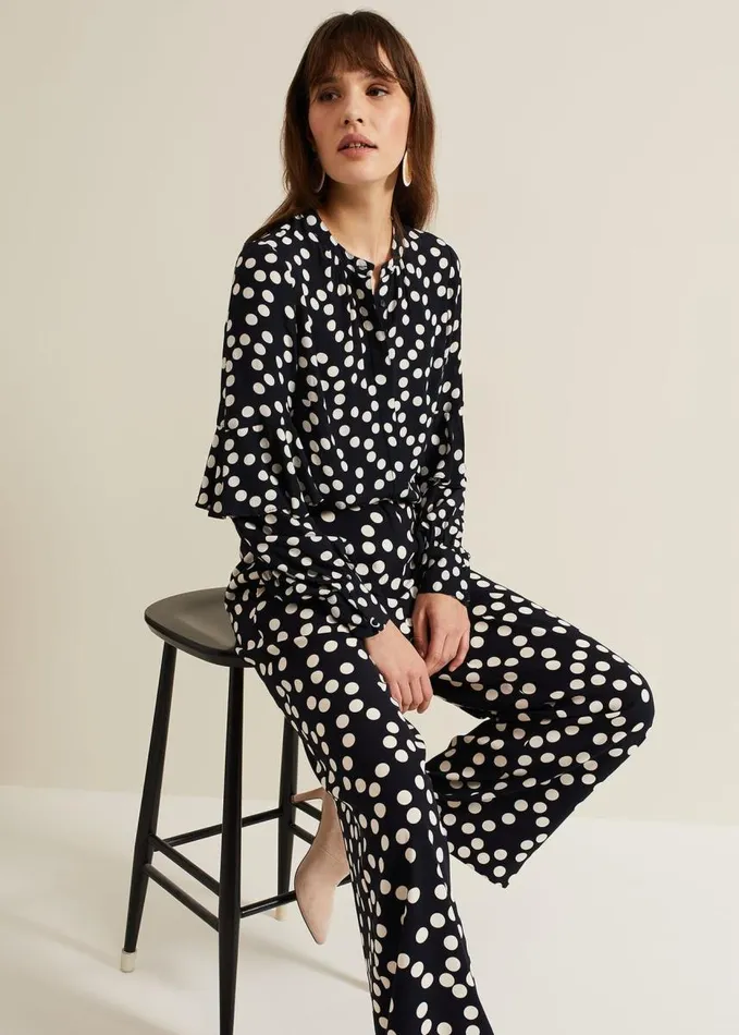 Phase Eight Peyton Polka Dot Frill Blouse Navy Women Shirts and Blouses