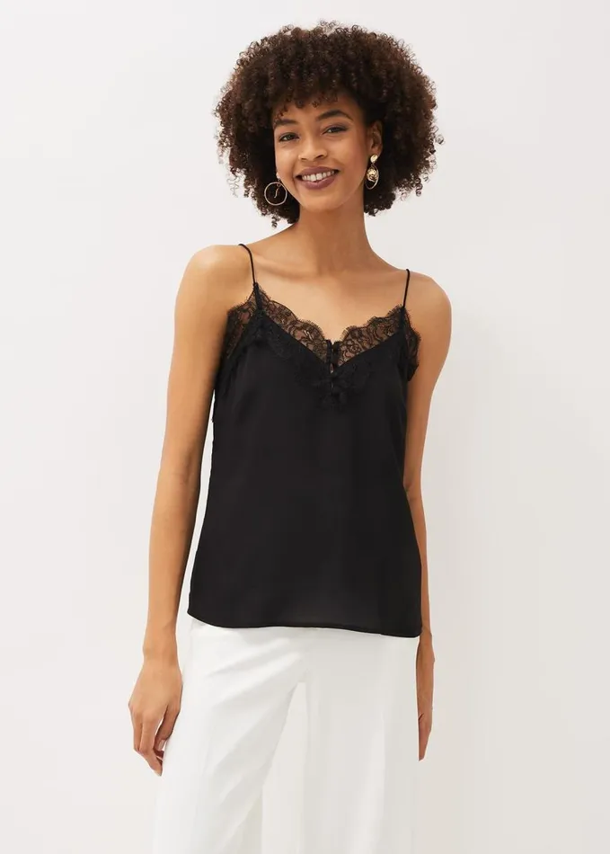 Phase Eight Rachael Lace Trim Silk Camisole Black Women Shirts and Blouses