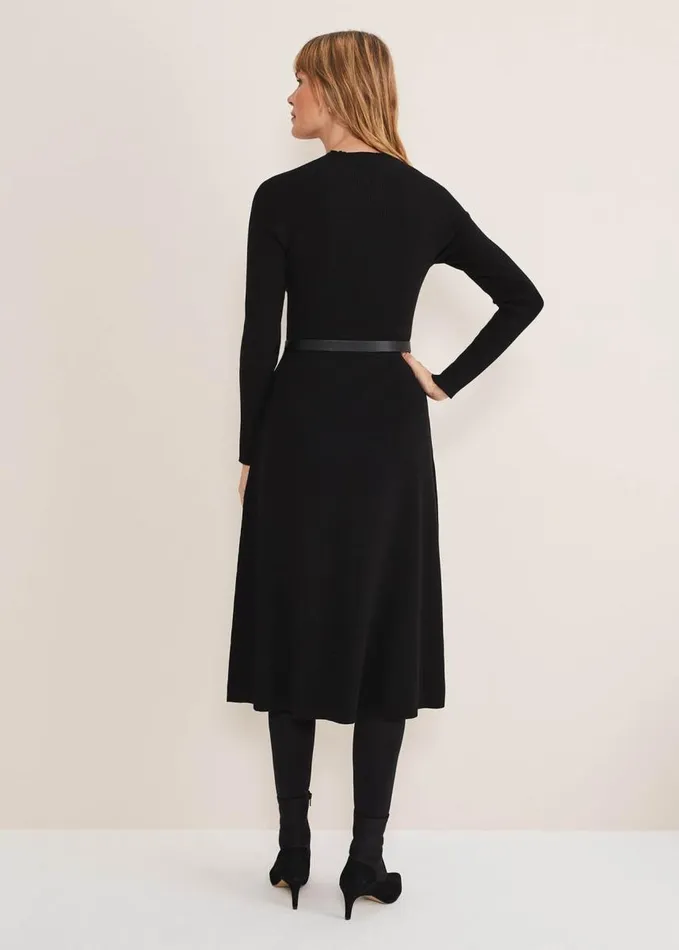 Phase Eight Reese Ribbed Maxi Belted Knit Dress Black Women Dresses