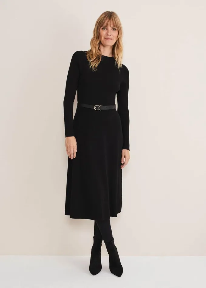 Phase Eight Reese Ribbed Maxi Belted Knit Dress Black Women Dresses