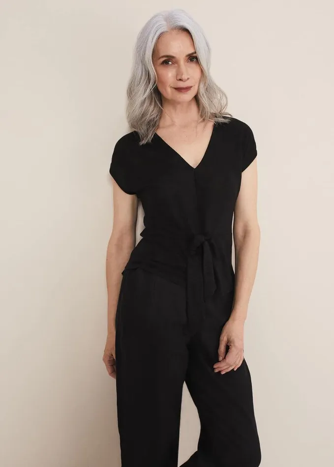 Phase Eight Reyna Linen Tie Front Top Black Women Tops and TShirts