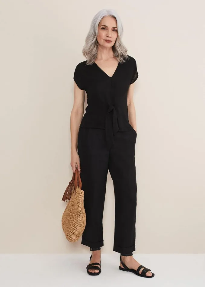 Phase Eight Reyna Linen Tie Front Top Black Women Tops and TShirts