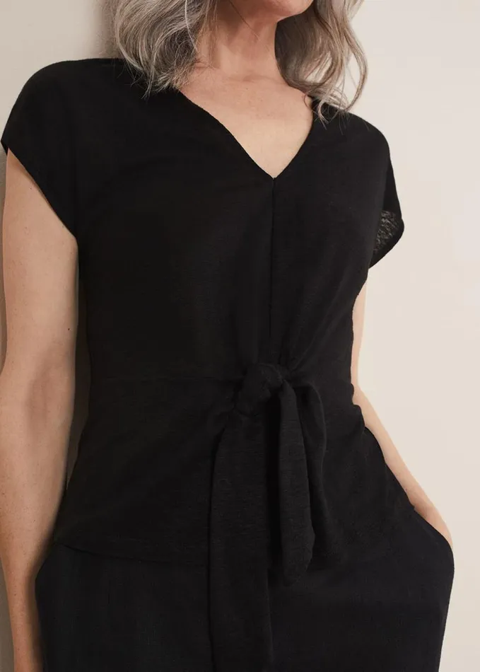 Phase Eight Reyna Linen Tie Front Top Black Women Tops and TShirts