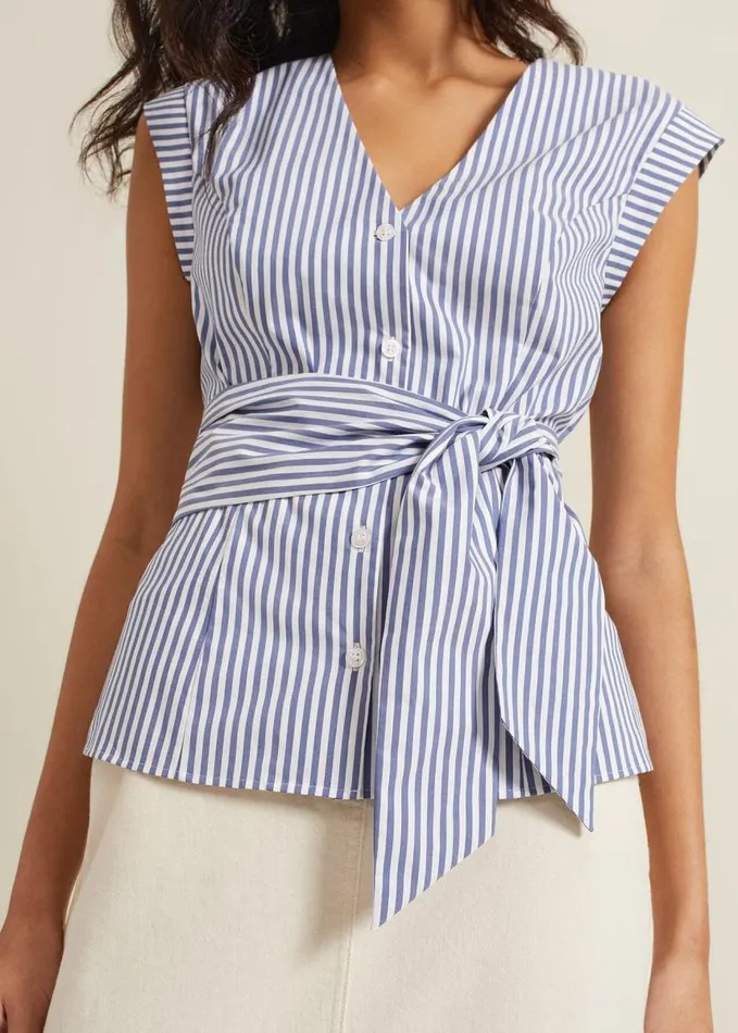 Phase Eight Sadie Striped Tie Waist Shirt Blue Women Shirts and Blouses
