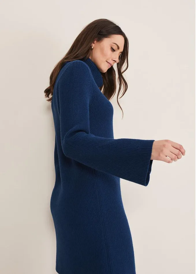 Phase Eight Saffie Cosy Ribbed Sleeve Knit Dress Dark Teal Women Dresses