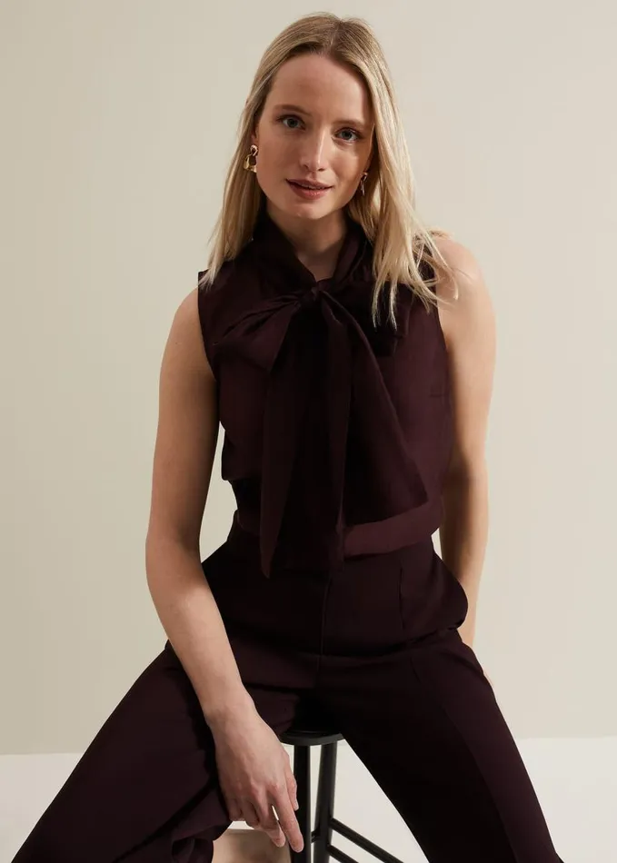 Phase Eight Saylor Sleeveless Pussybow Blouse Burgundy Women Shirts and Blouses