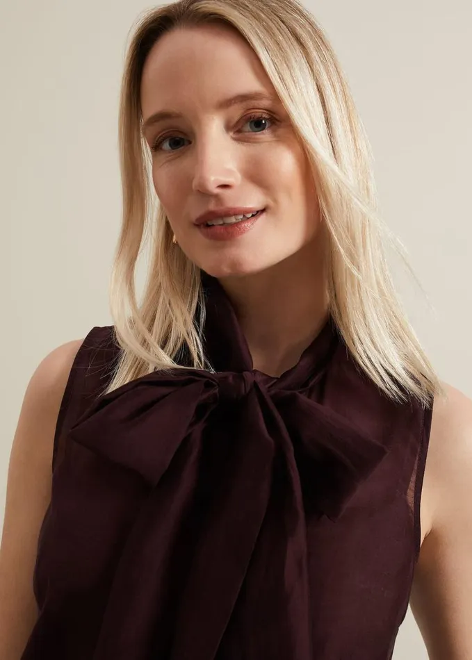 Phase Eight Saylor Sleeveless Pussybow Blouse Burgundy Women Shirts and Blouses