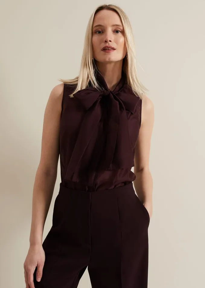 Phase Eight Saylor Sleeveless Pussybow Blouse Burgundy Women Shirts and Blouses