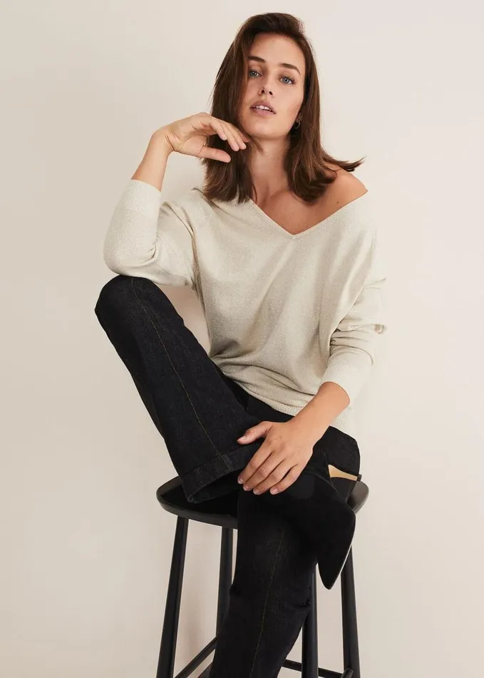 Phase Eight Senita V Neck Lurex Jumper Gold Women Knitwear
